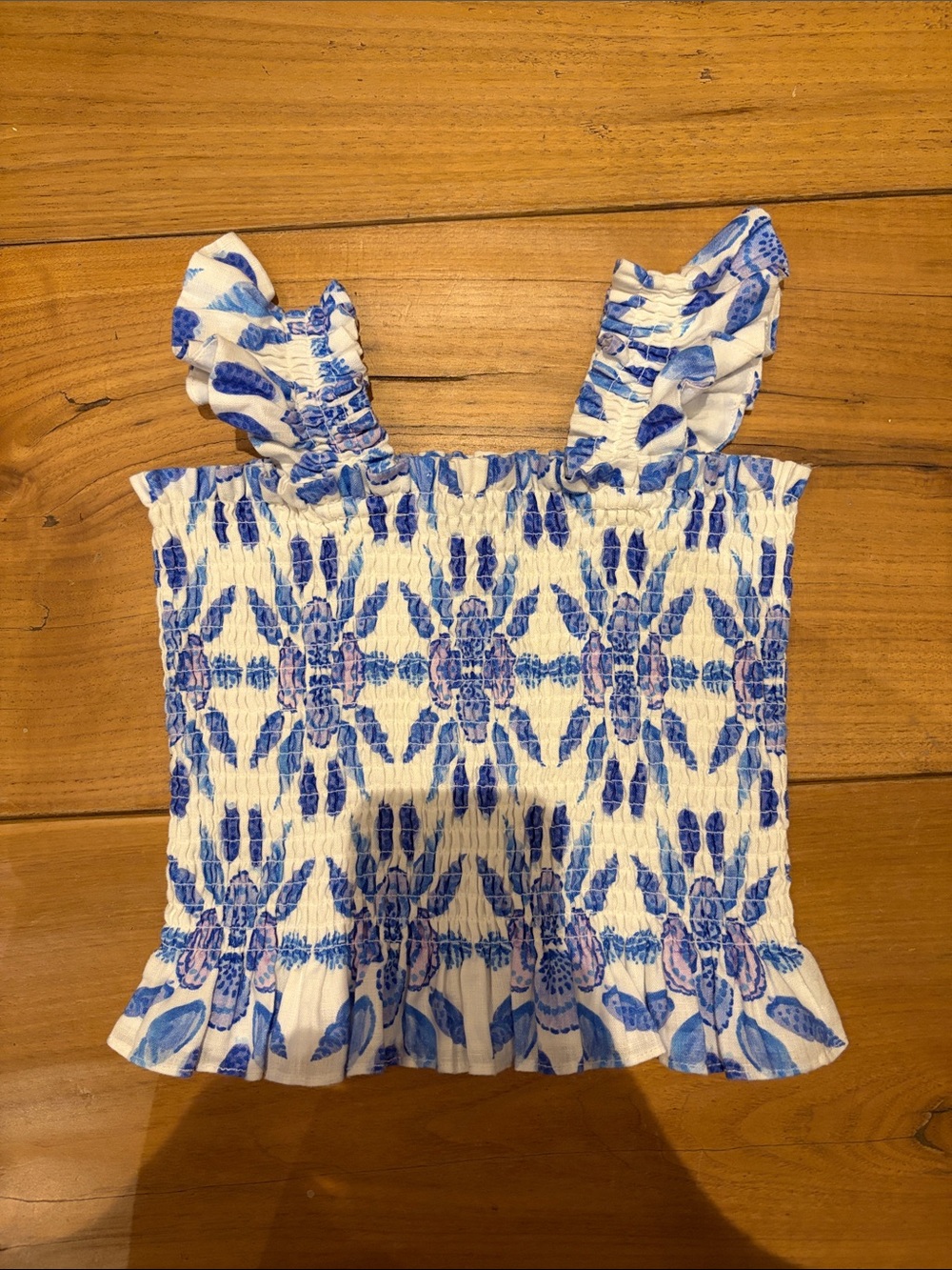 Hill House girls Blue and White Floral Smocked Top